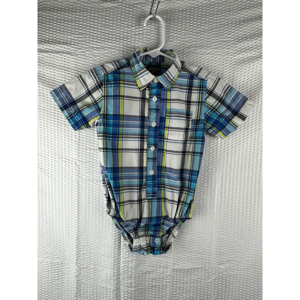 OshKosh B'Gosh Baby Boy Plaid Short Sleeve‎ Bodysuit One Piece 24 Months